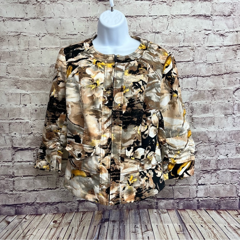 Coldwater Creek Black Abstract Zipper Front Ruched 3/4 Sleeve Jacket